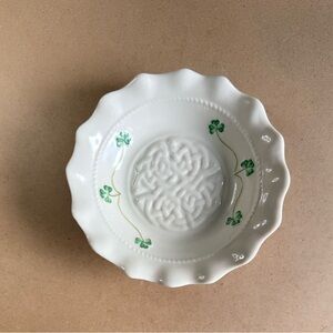 Belleek White Ceramic Dish with Green Clover Design
